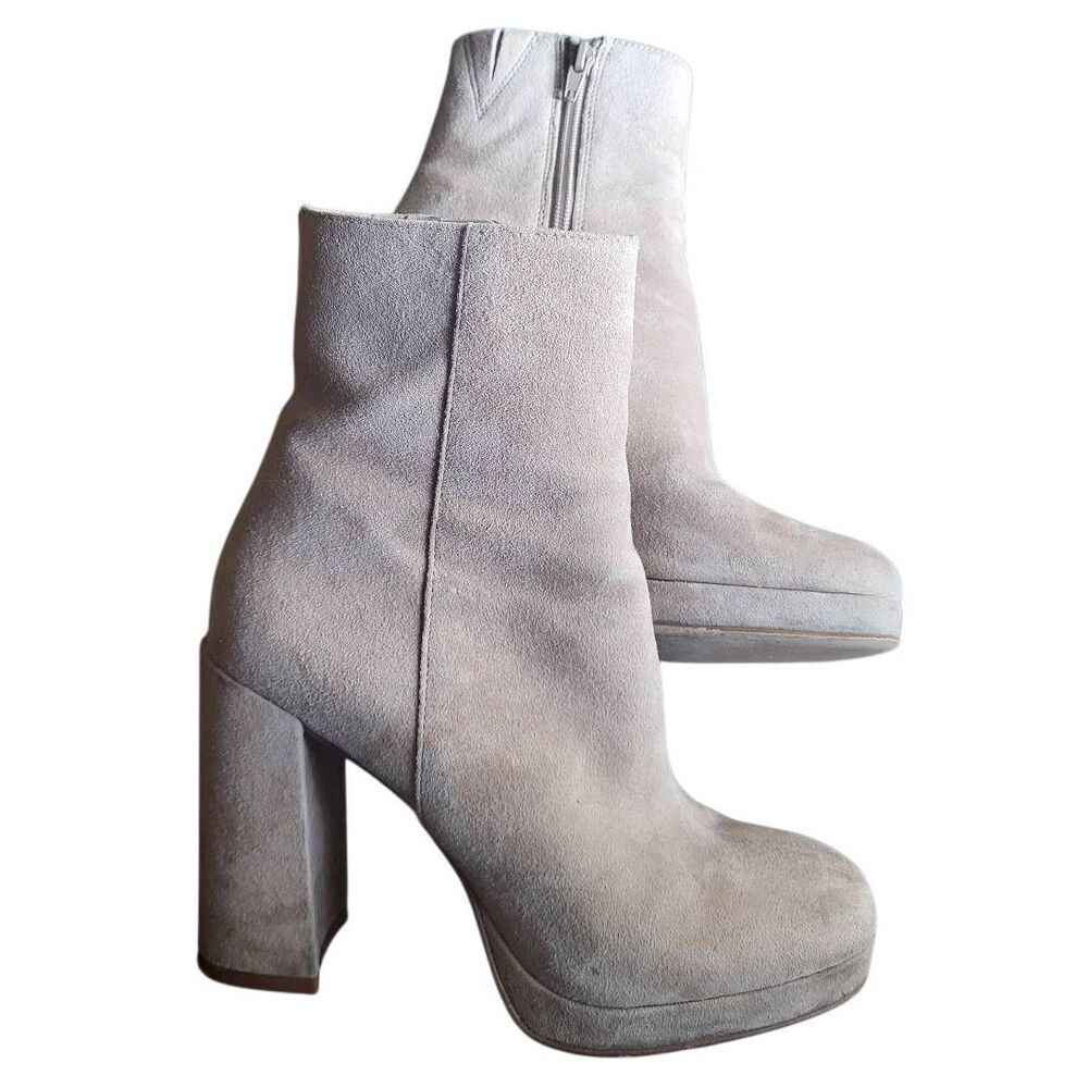 Steve Madden Booties Women's 6.5 Taupe Tan Suede Leather Platform High Heel